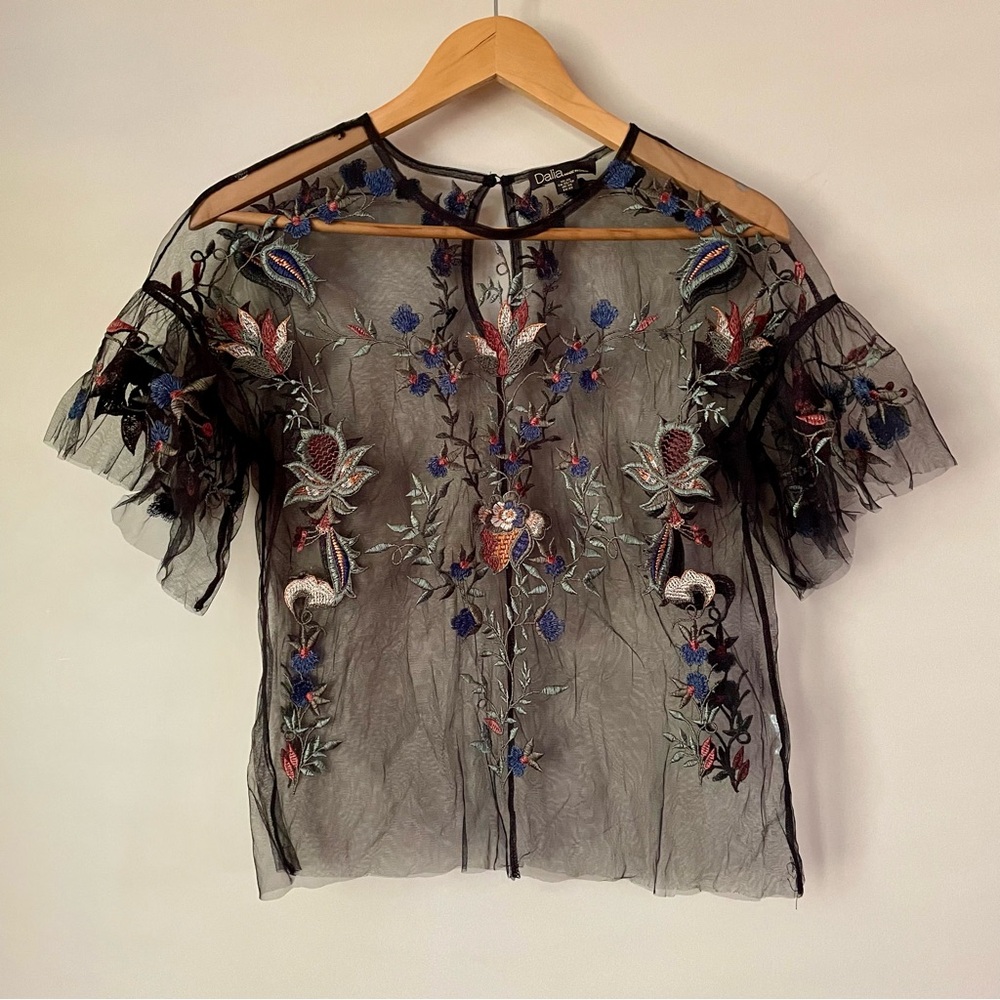 DALIA Floral Embroidered Sheer Mesh Black Ruffle Short Sleeve Blouse Women’s XS